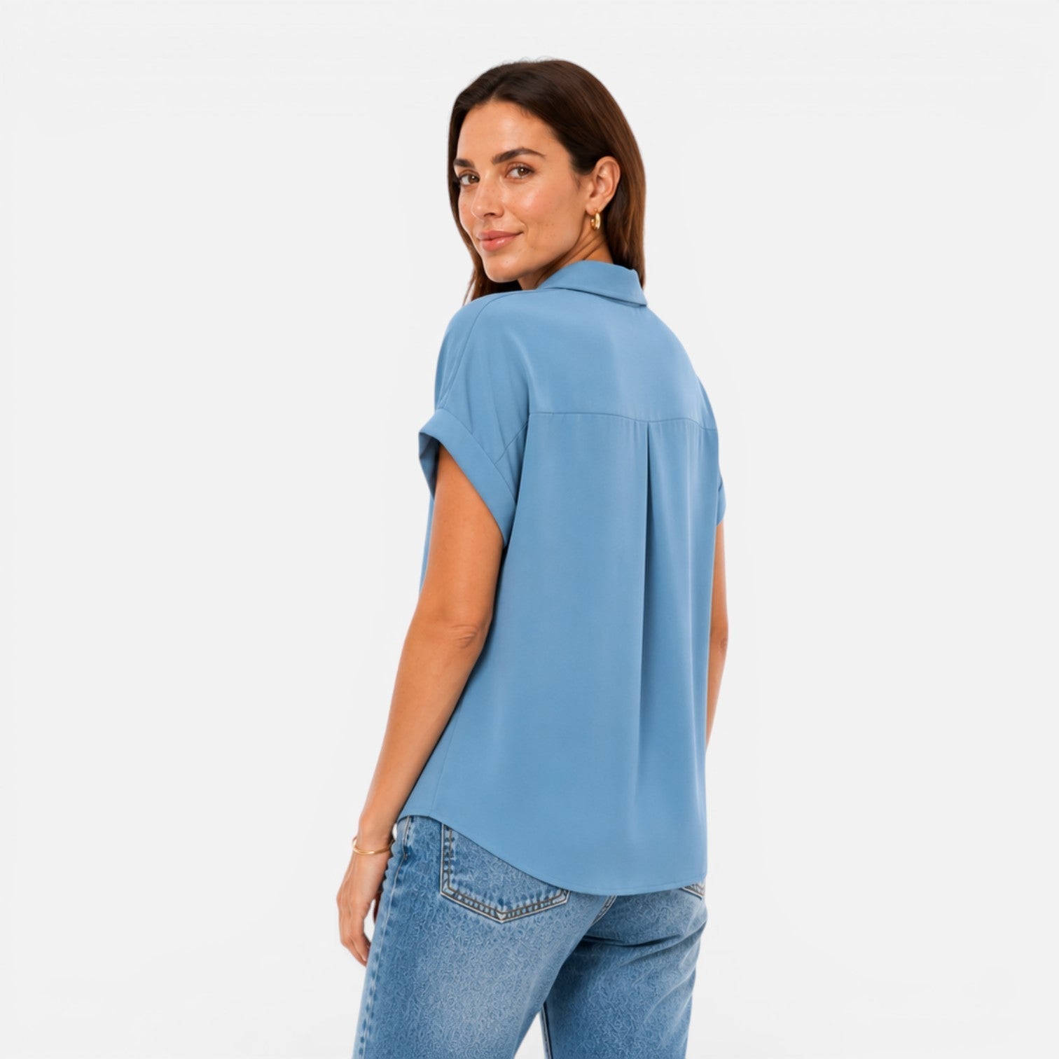 Women's lightweight V-neck short sleeve blouse with relaxed fit, casual style, made by My Store.