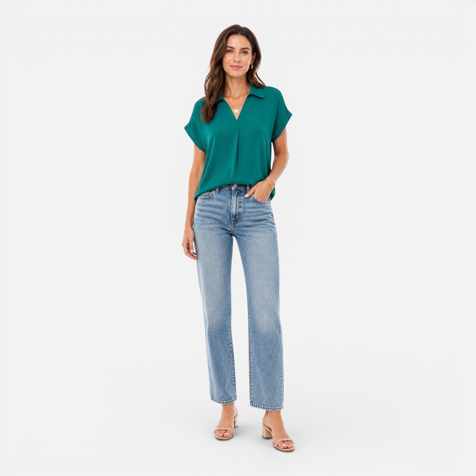 Lightweight women's V-neck short sleeve blouse with relaxed fit, stylish and comfortable top from My Store.