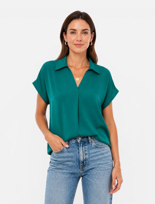 Women's lightweight V-neck short sleeve blouse with relaxed fit, casual women's shirt from Felorro.