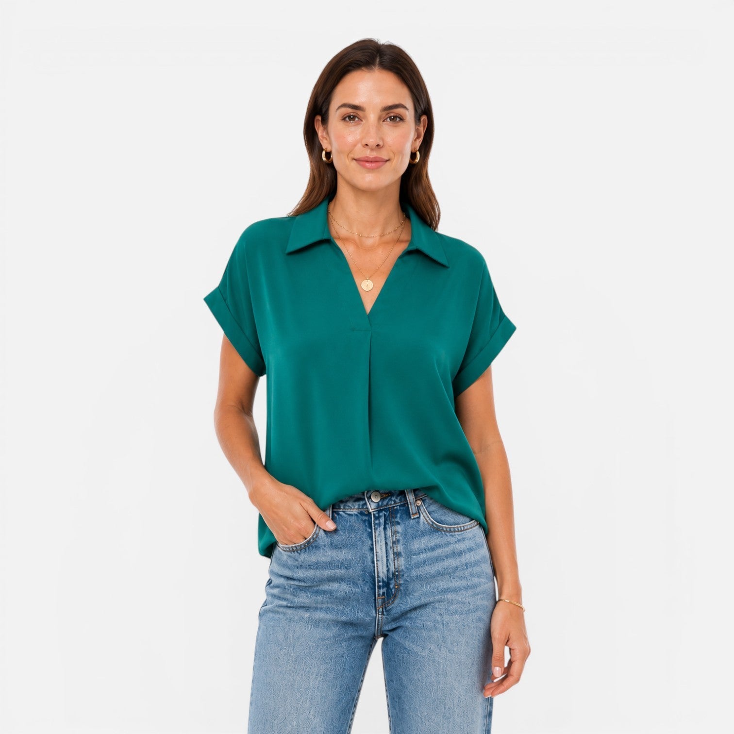 Women's lightweight V-neck short sleeve blouse with relaxed fit, casual women's shirt from Felorro.