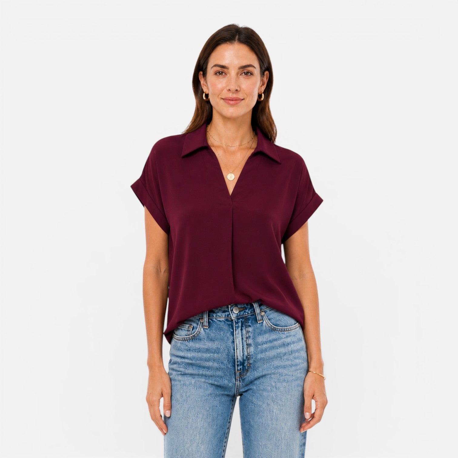Lightweight women's V-neck short sleeve blouse with relaxed fit, casual style, shown in natural fabric and fit.