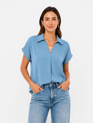 Lightweight women's V-neck short sleeve blouse with relaxed fit, stylish and comfortable top from My Store.
