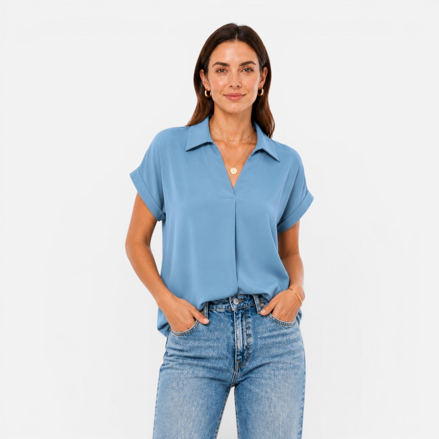 Lightweight women's V-neck short sleeve blouse with relaxed fit, stylish and comfortable top from My Store.