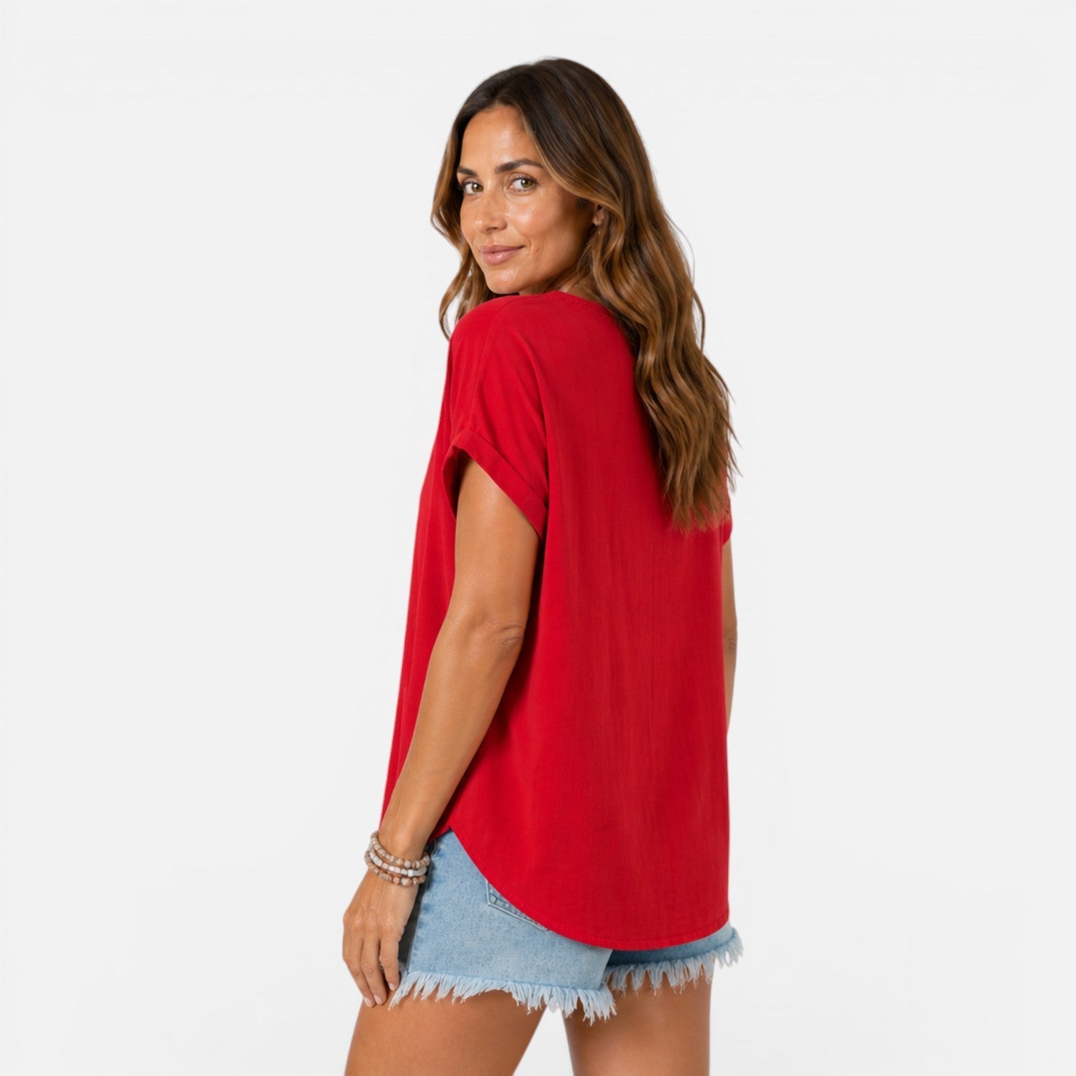Lightweight women's V-neck T-shirt with buttoned front in relaxed fit, perfect for summer, by My Store.