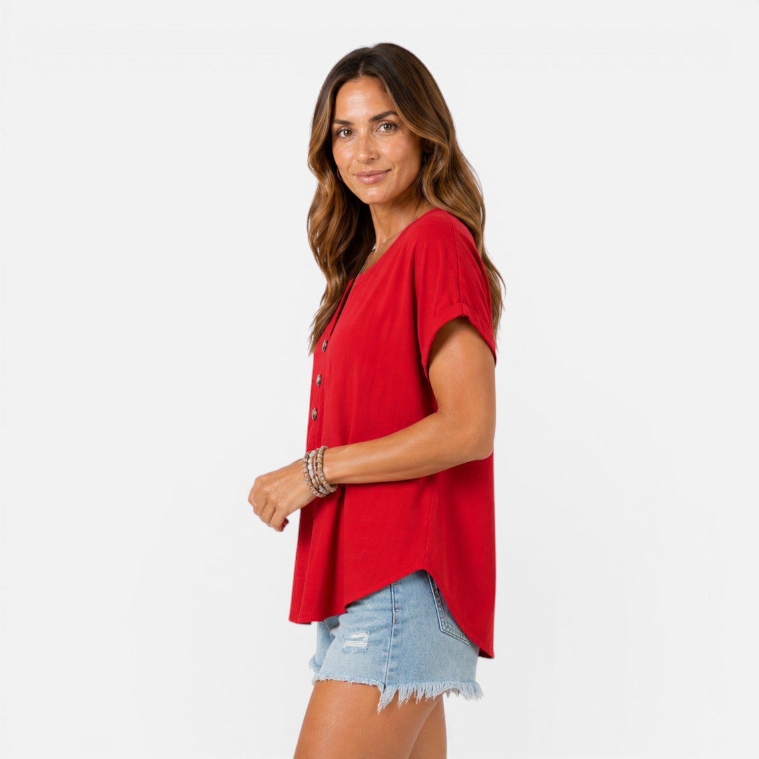 Lightweight women's V-neck T-shirt with buttoned front in relaxed fit, ideal for summer, from My Store.