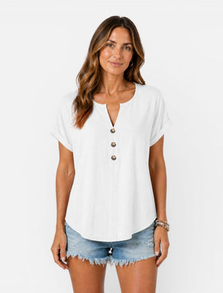 Lightweight women's V-neck T-shirt with buttons in relaxed fit, ideal for summer, by My Store, shown in the image.
