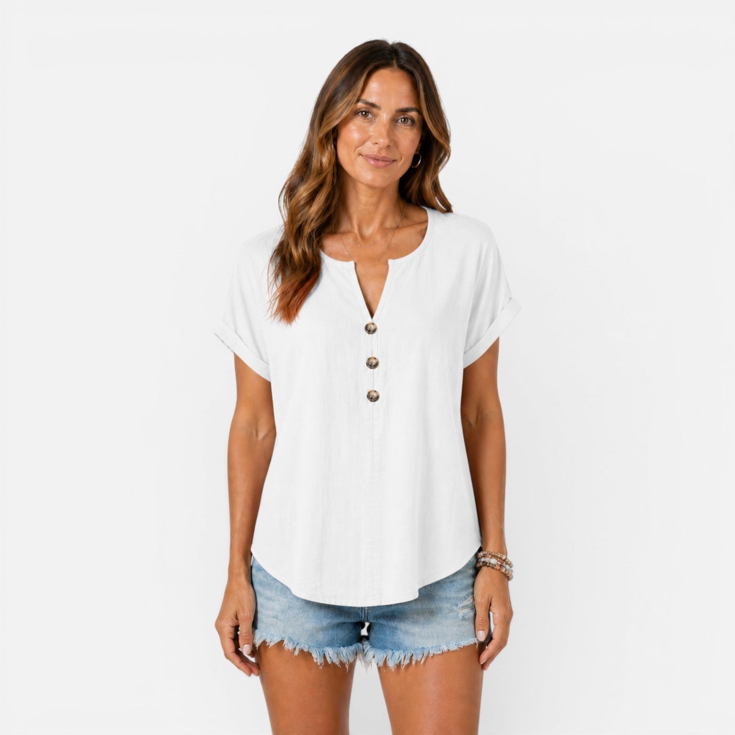 Lightweight women's V-neck T-shirt with buttons in relaxed fit, ideal for summer, by My Store, shown in the image.