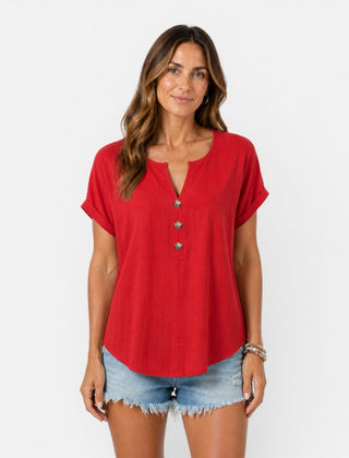 Lightweight women's V-neck T-shirt with button details, relaxed fit summer top in a casual style.