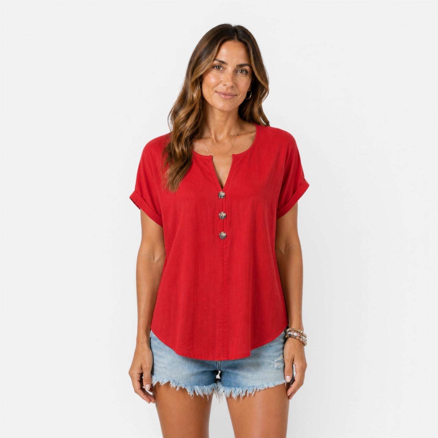 Lightweight women's V-neck T-shirt with button details, relaxed fit summer top in a casual style.