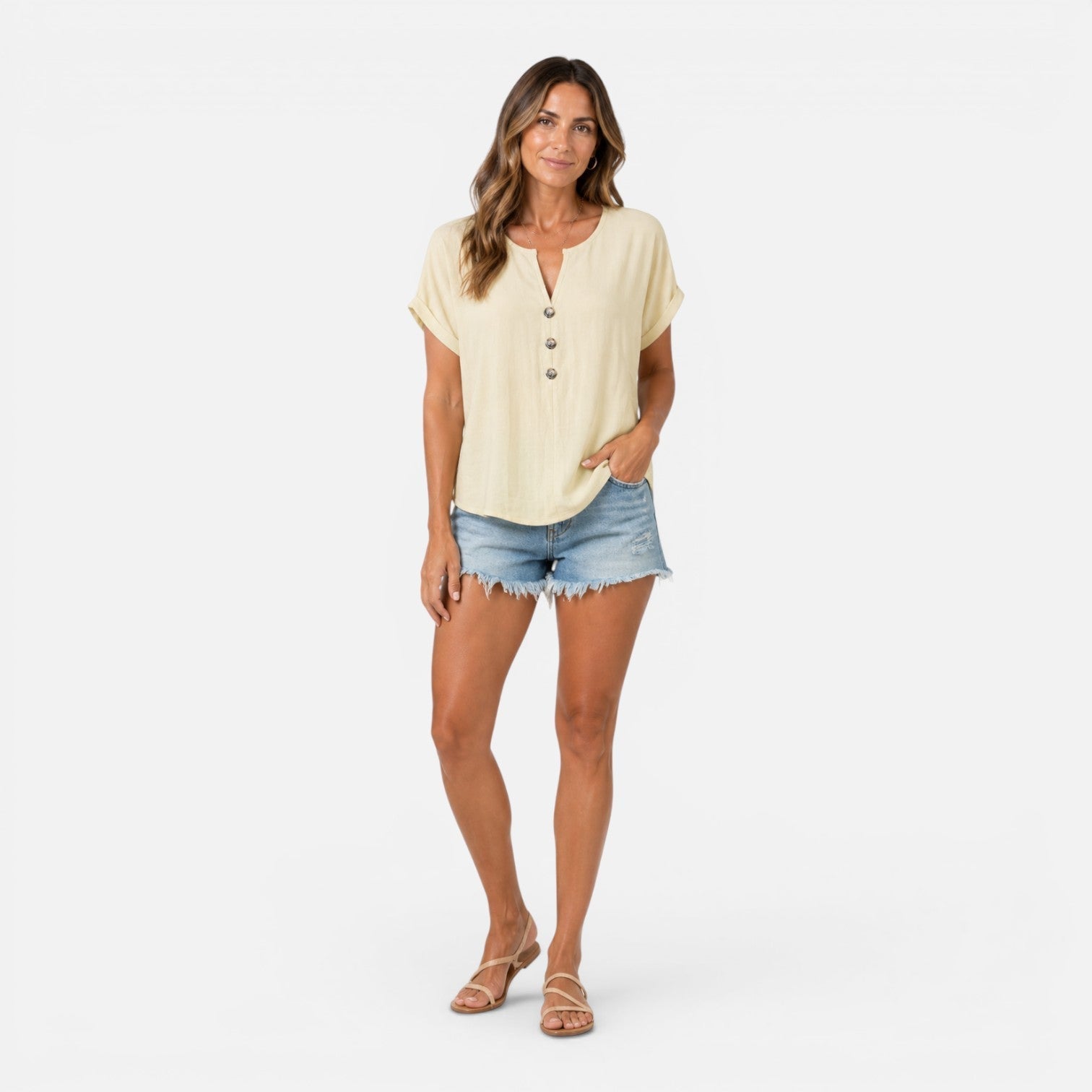 Women's lightweight V-neck T-shirt with buttons, relaxed fit summer top from My Store, shown in a natural, casual style.