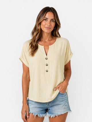 Lightweight women's V-neck T-shirt with buttoned front in relaxed fit, perfect for summer, by My Store.