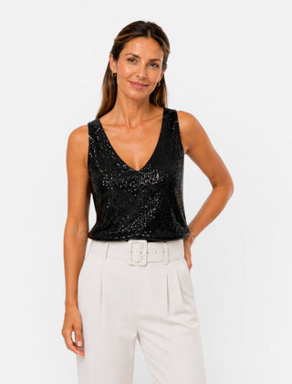 Women's sequin V-neck top for party and evening wear, stylish and sparkling, featuring a fitted design and shimmering sequins.