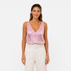 Shimmering women's sequin V-neck top for party and evening wear, featuring a stylish fit and sparkling embellishments.