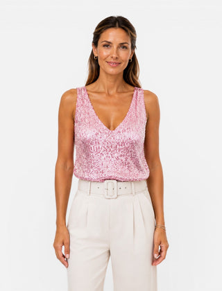 Shimmering women's sequin V-neck top for party and evening wear, featuring a stylish fit and sparkling embellishments.