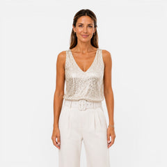 Women's sequin V-neck top for party and evening wear, stylish and shiny, featuring a flattering fit and vibrant sequin embellishments.