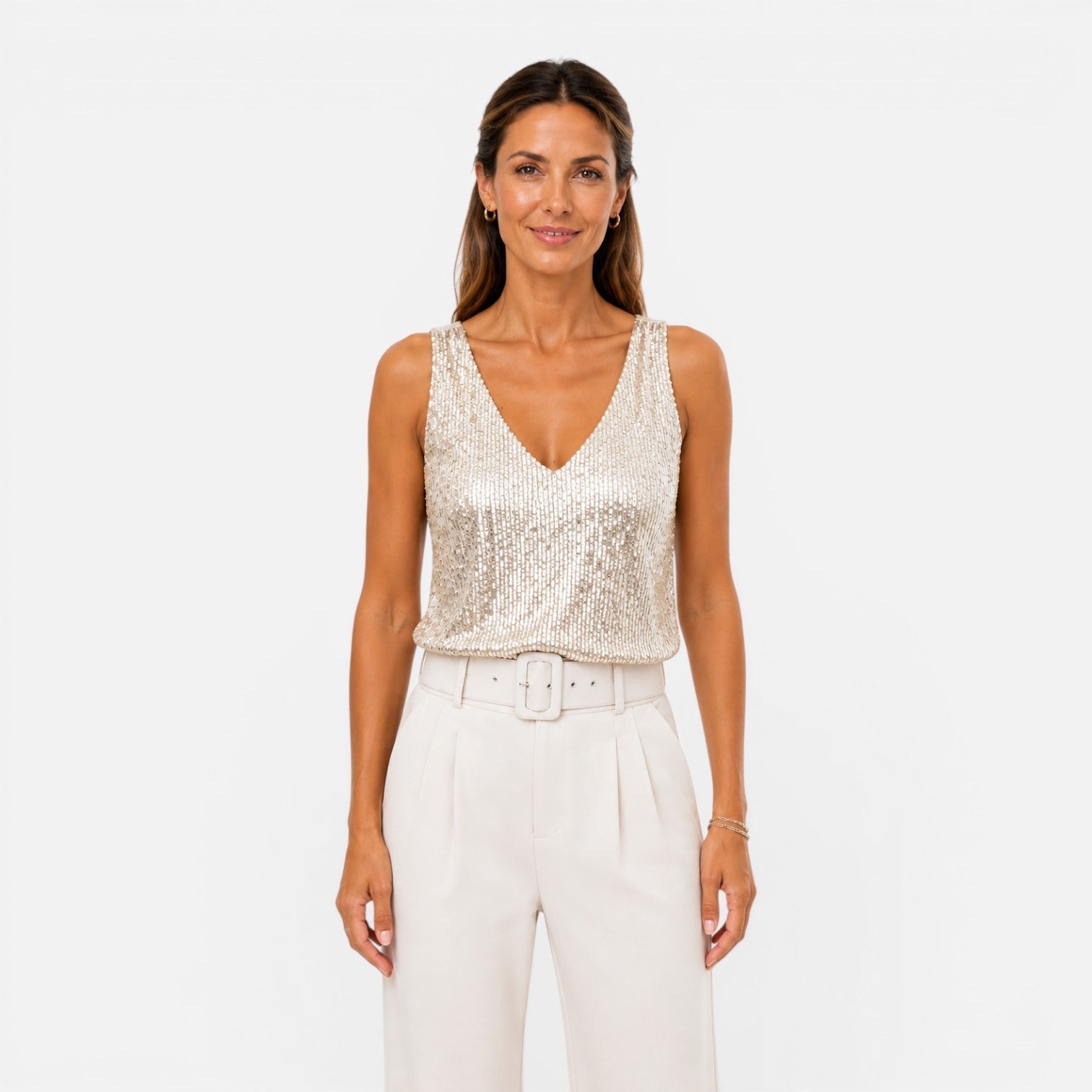 Women's sequin V-neck top for party and evening wear, stylish and shiny, featuring a flattering fit and vibrant sequin embellishments.