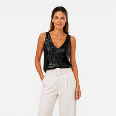 Women's sequin V-neck top for women, stylish evening wear shirt with shimmering sequins, perfect for parties and special occasions.