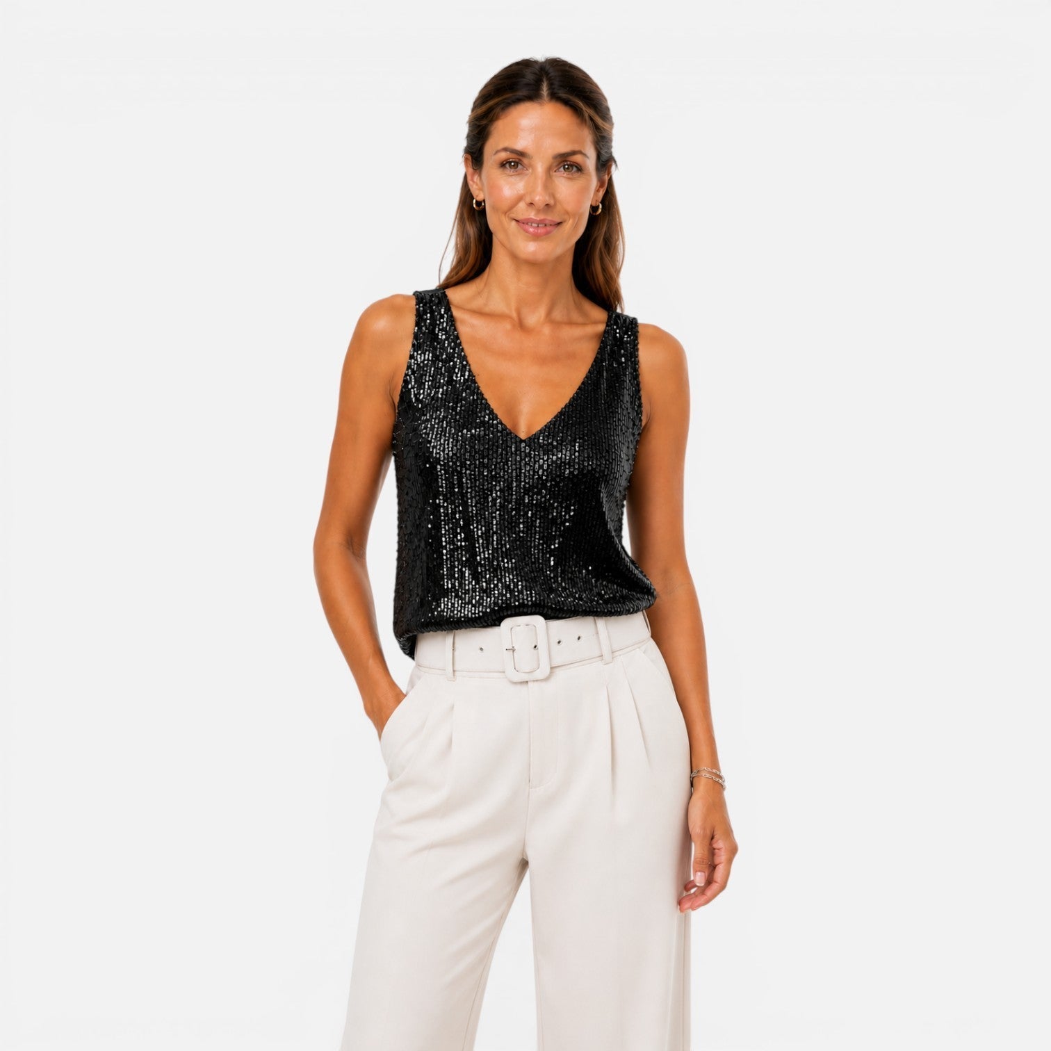Women's sequin V-neck top for women, stylish evening wear shirt with shimmering sequins, perfect for parties and special occasions.