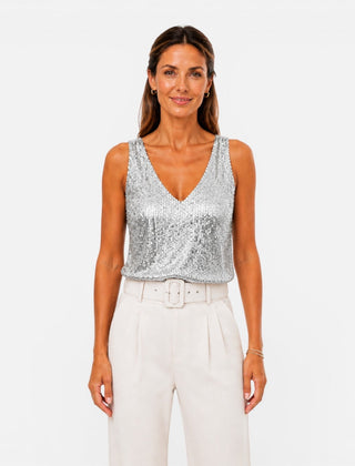 Women's sequin V-neck top for party and evening wear, stylish and shiny, featuring a fitted design and shimmering sequins.