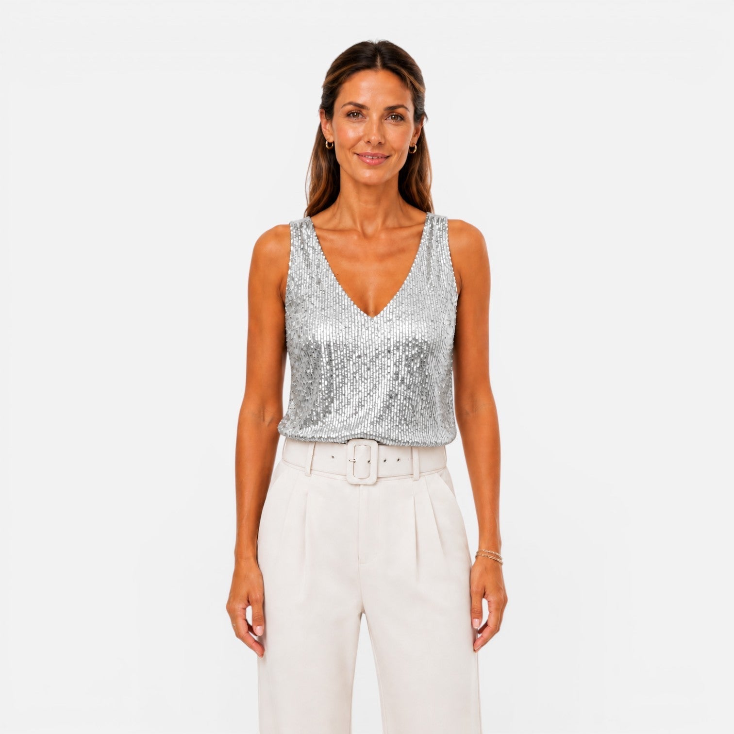 Women's sequin V-neck top for party and evening wear, stylish and shiny, featuring a fitted design and shimmering sequins.