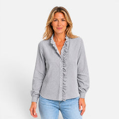 Women's long sleeve striped blouse with ruffle collar and button-up front, stylish women's shirt by My Store.