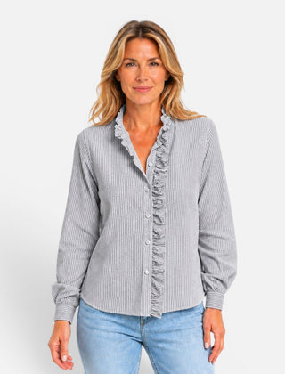 Women's long sleeve striped blouse with ruffle collar and button-up front, stylish women's shirt by My Store.