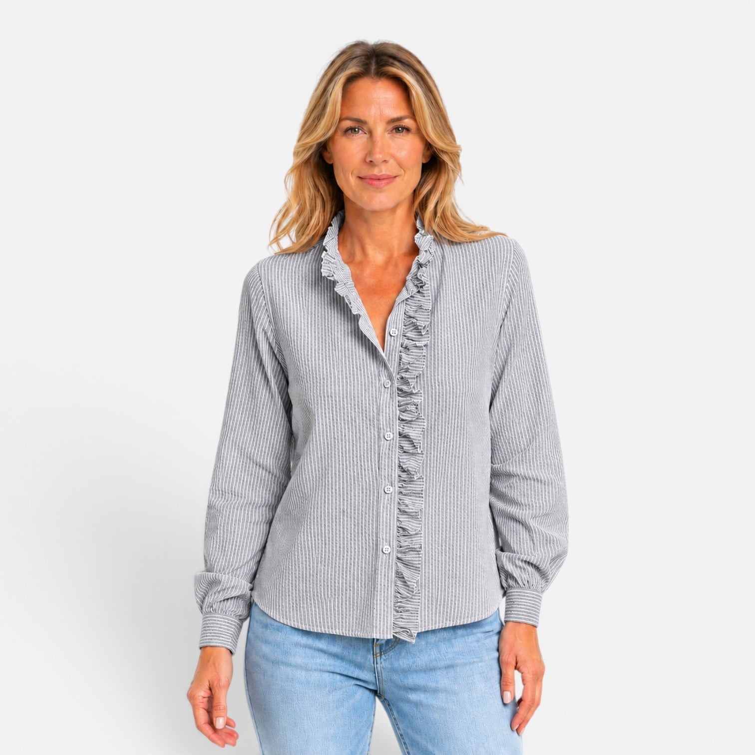 Women's long sleeve striped blouse with ruffle collar and button-up front, stylish women's shirt by My Store.