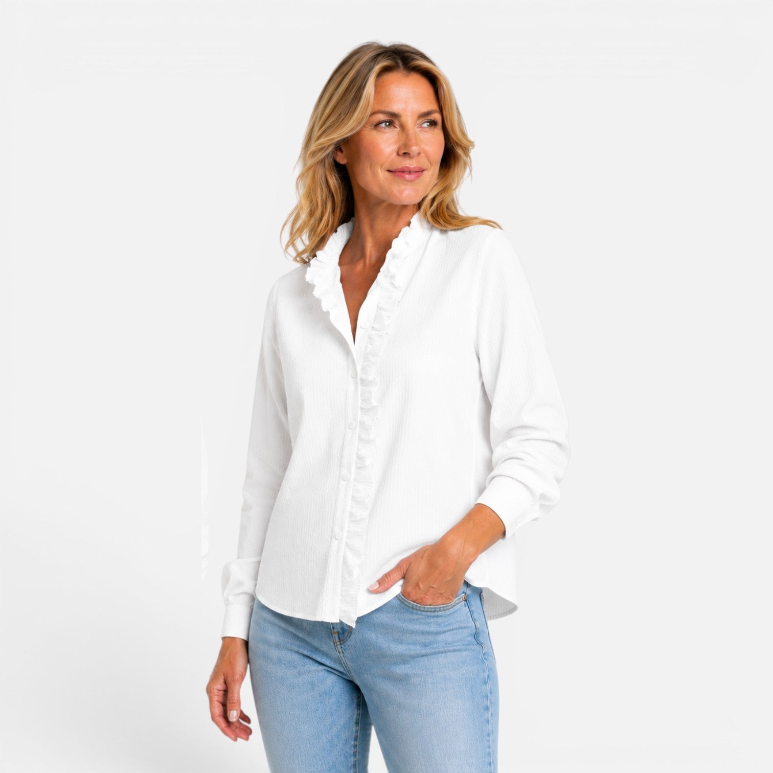 Women's striped long sleeve button-up blouse with ruffle collar, stylish and elegant, by My Store.