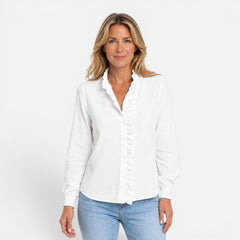 Women's long sleeve striped blouse with ruffle collar and button-up front, stylish women's shirt from My Store.