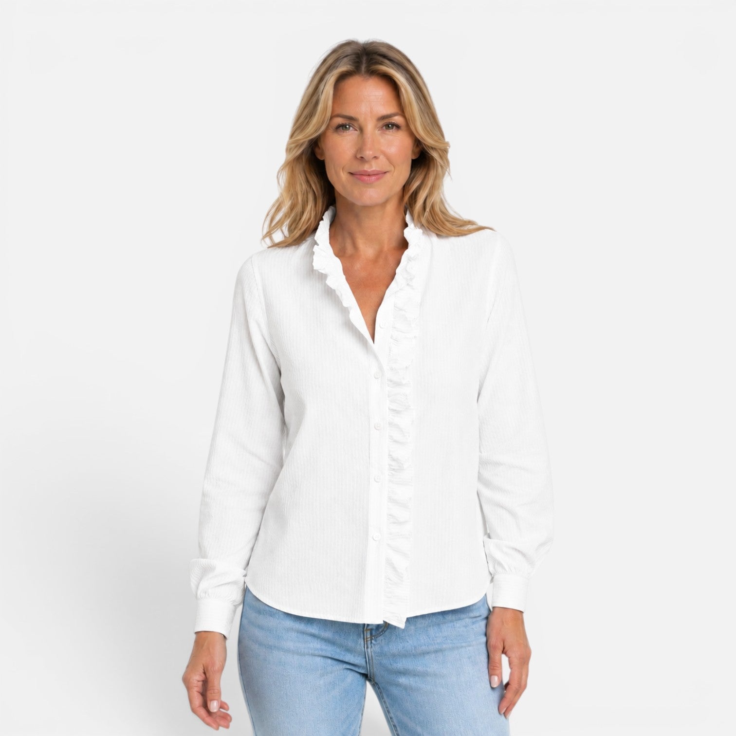 Women's long sleeve striped blouse with ruffle collar and button-up front, stylish women's shirt from My Store.
