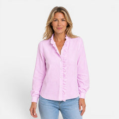 Women's striped long sleeve button-up blouse with ruffle collar, stylish women's shirt by My Store.