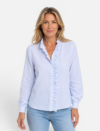 Women's long sleeve striped blouse with ruffle collar, button-up design, from My Store, styled with a fashionable and classic look.