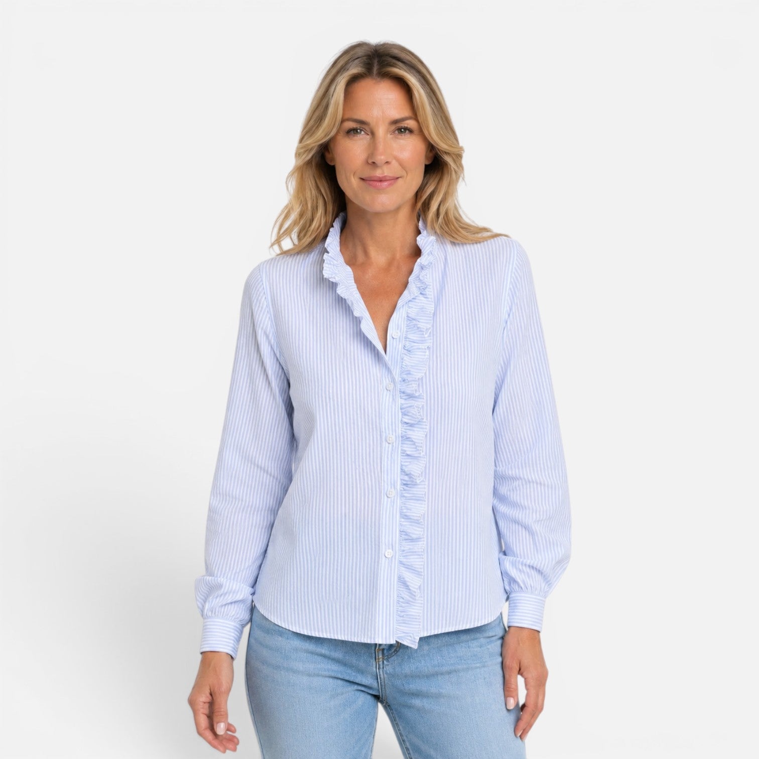 Women's long sleeve striped blouse with ruffle collar, button-up design, from My Store, styled with a fashionable and classic look.