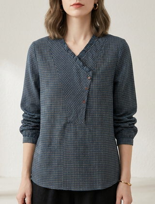 Geometric print summer blouse for women with long sleeves, stylish top from My Store, shown from the front.
