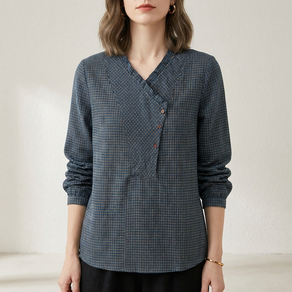Geometric print summer blouse for women with long sleeves, stylish top from My Store, shown from the front.