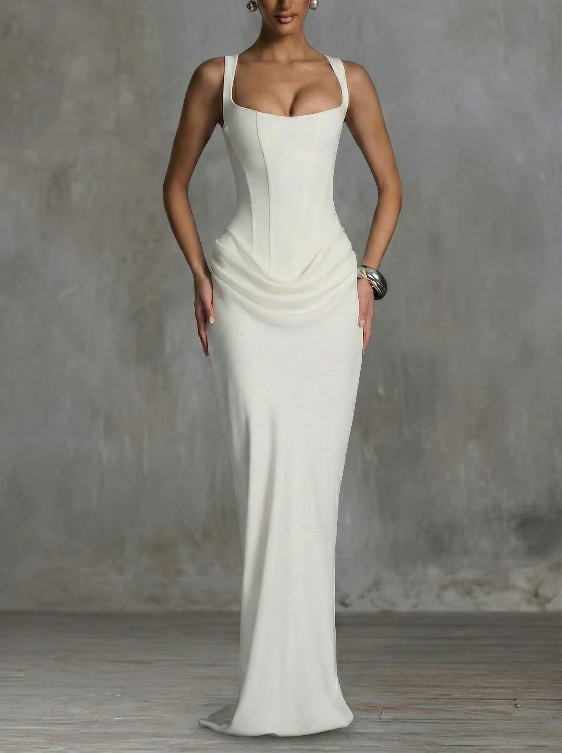 Women's summer maxi dress with square neckline and bodycon fit, stylish and comfortable for warm weather.