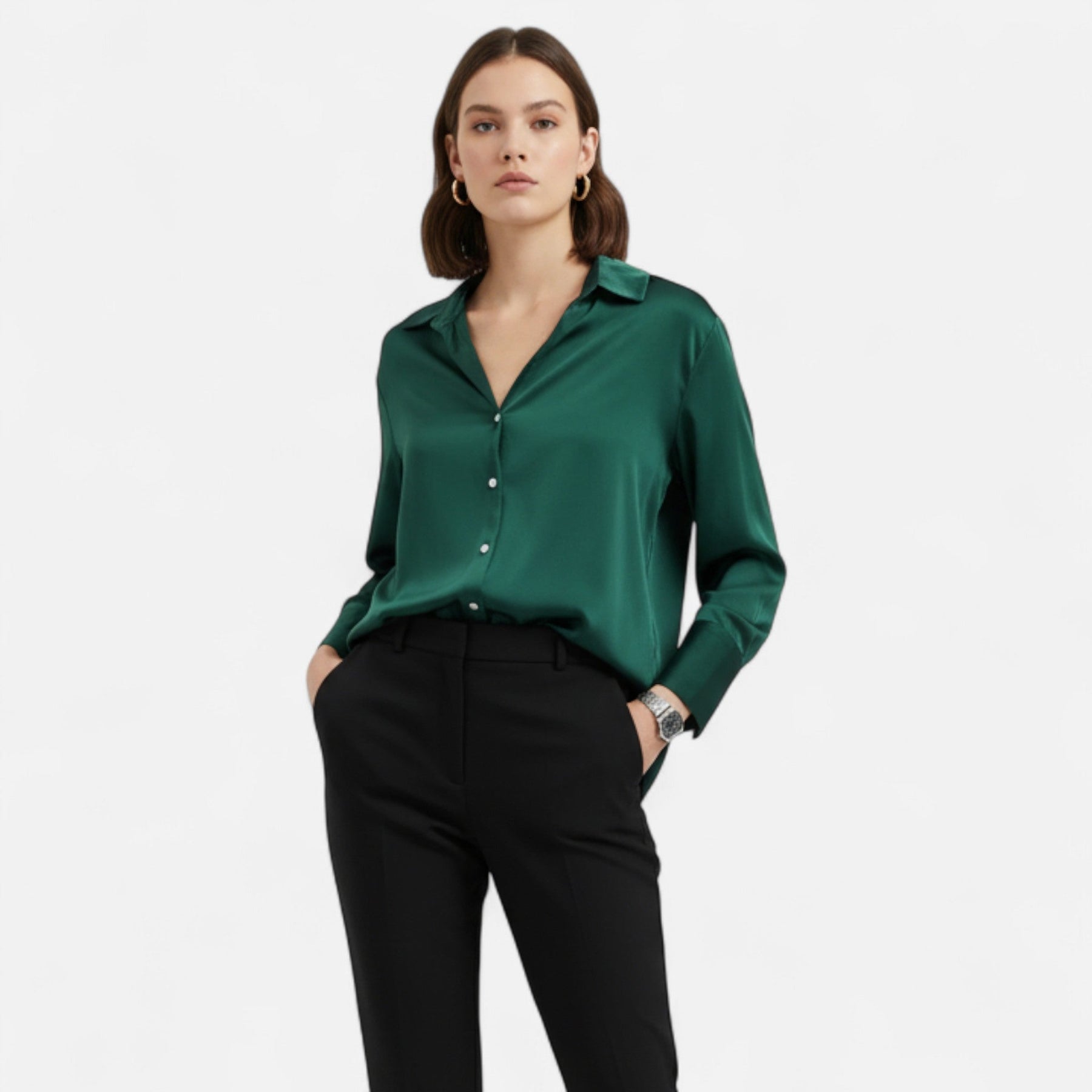 Women's long sleeve button-front blouse in classic fit, featuring a stylish design and tailored look from My Store.