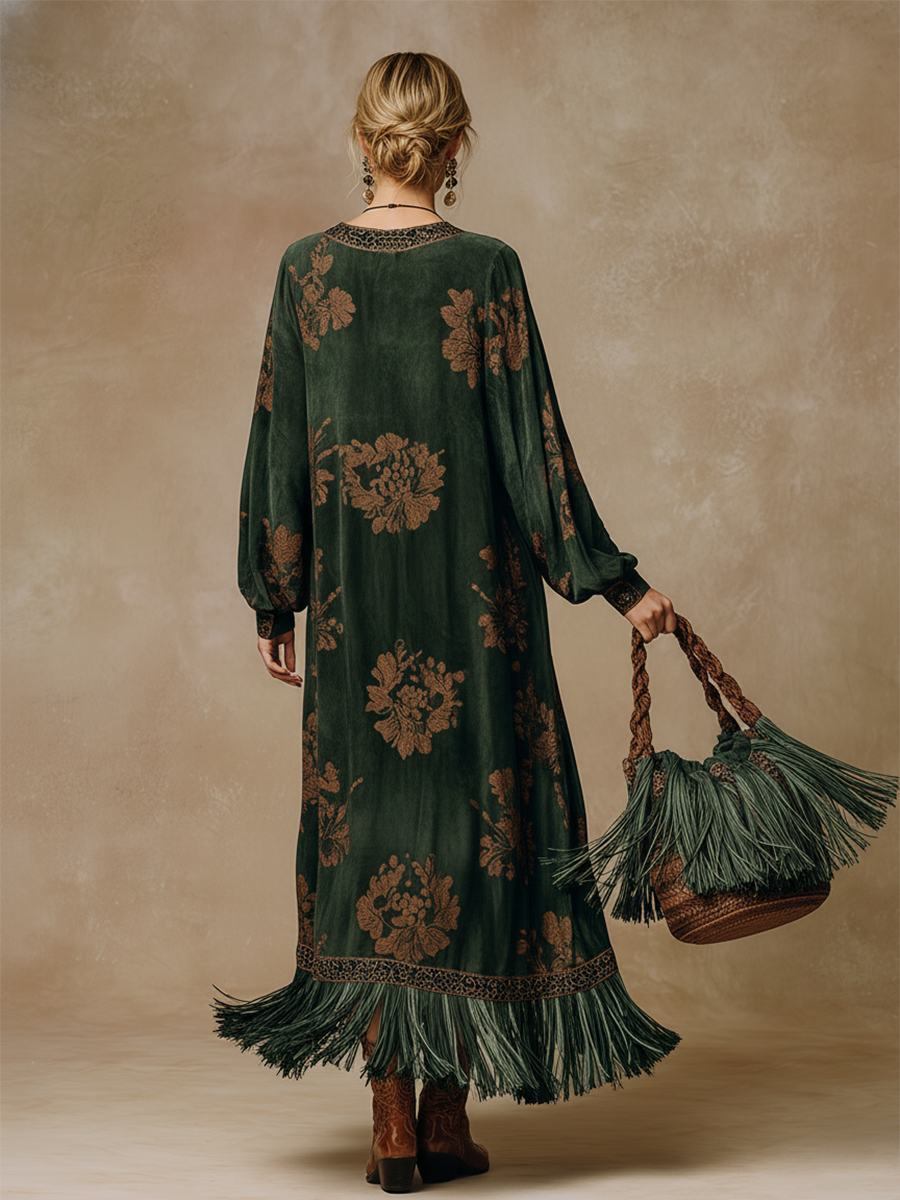 Green faux suede tassel maxi dress for women featuring a flowy silhouette and stylish tassel details.