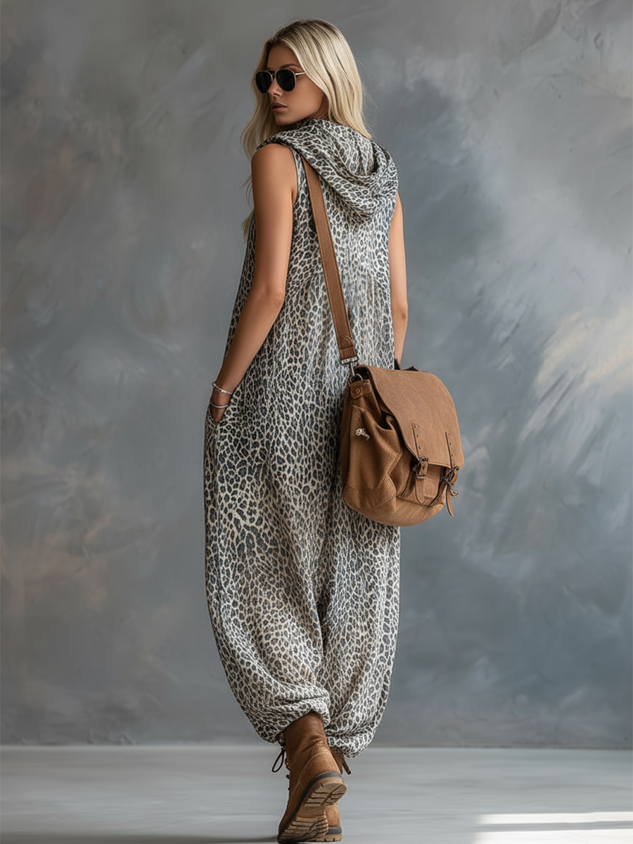 Apricot leopard print chiffon jumpsuit with hood, designed for women, featuring stylish pant legs and a relaxed fit.