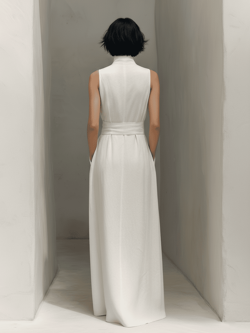 Linen V-neck maxi dress for women by Tammy Bradley, featuring a flowing silhouette and sleeveless design.