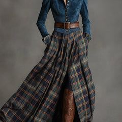Blue faux suede maxi dress by My Store, casual style, featuring a flowing silhouette and long sleeves.
