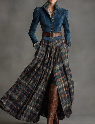 Blue faux suede maxi dress by My Store, casual style, featuring a flowing silhouette and long sleeves.