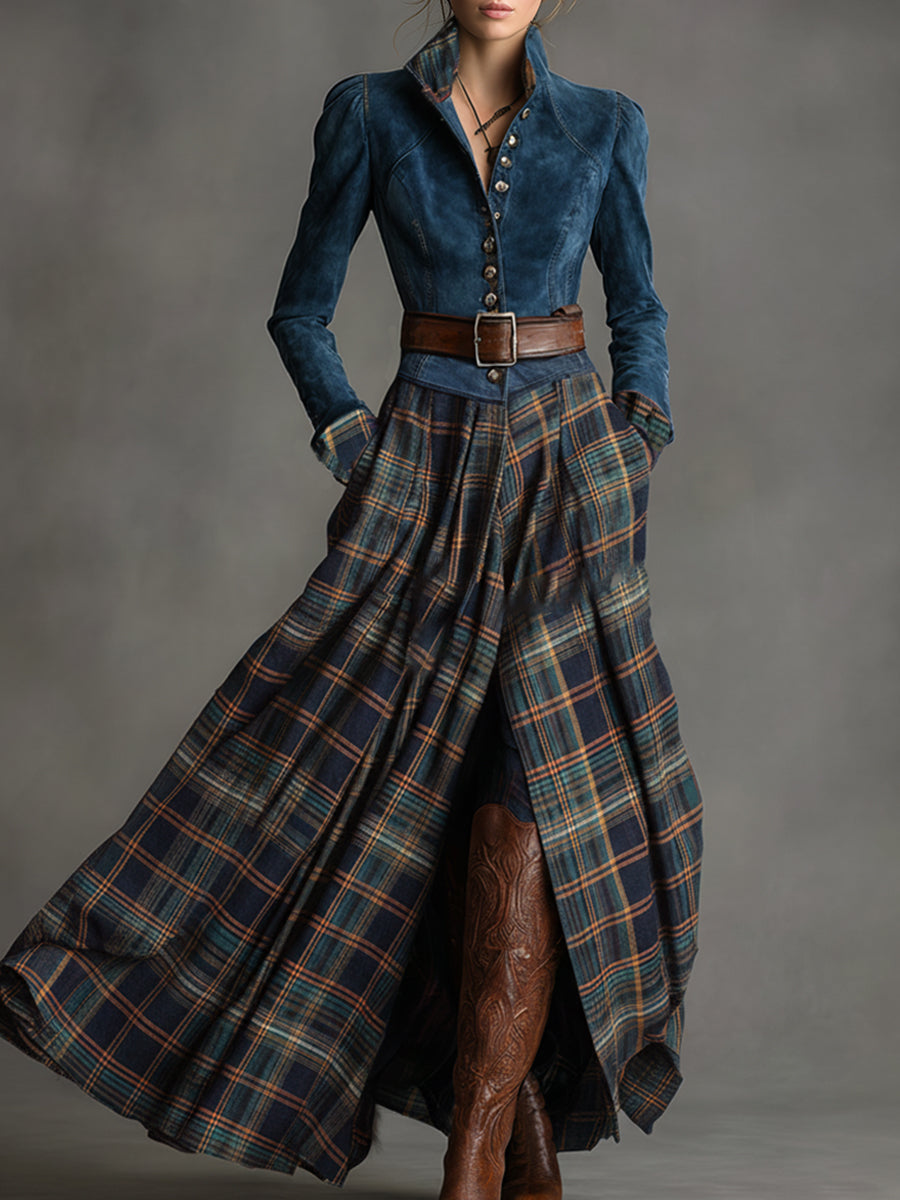 Blue faux suede maxi dress by My Store, casual style, featuring a flowing silhouette and long sleeves.