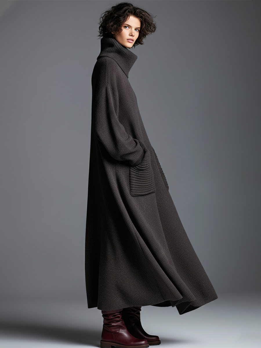 Brown knit maxi dress for women, stylish and comfortable, featuring a flowing design and long sleeves.