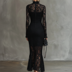Black lace fishtail maxi dress with elegant evening style, featuring fitted bodice and flowing skirt, from My Store.