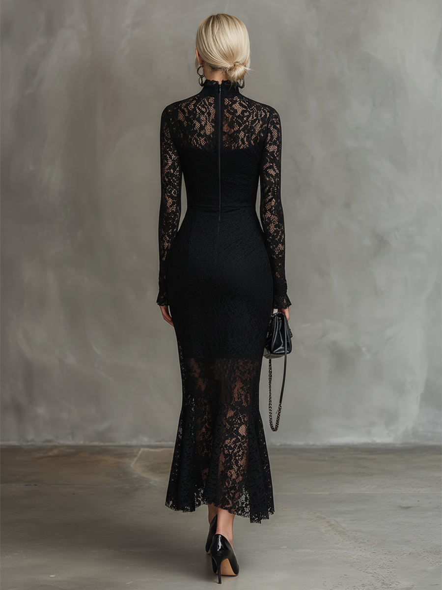 Black lace fishtail maxi dress with elegant evening style, featuring fitted bodice and flowing skirt, from My Store.