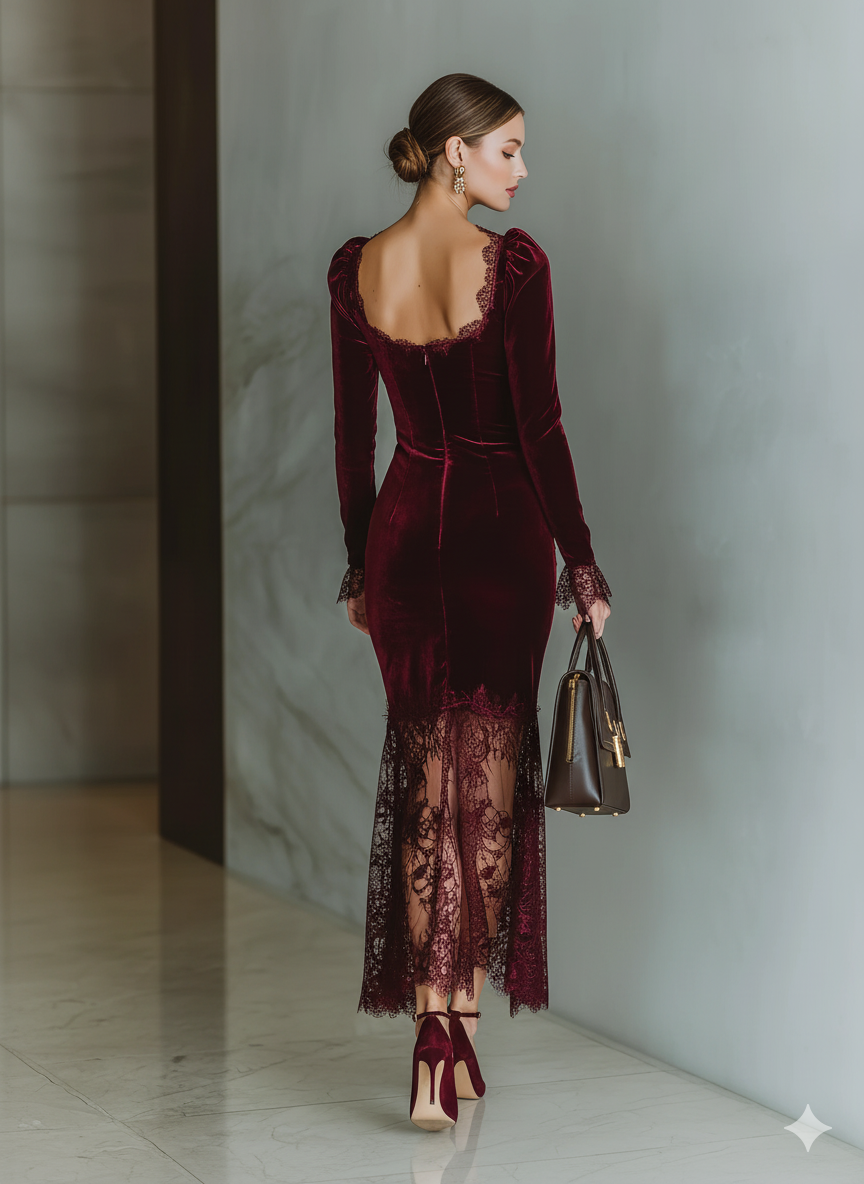 Burgundy velvet maxi dress from My Store, elegant evening dress with flowing silhouette and luxurious fabric.