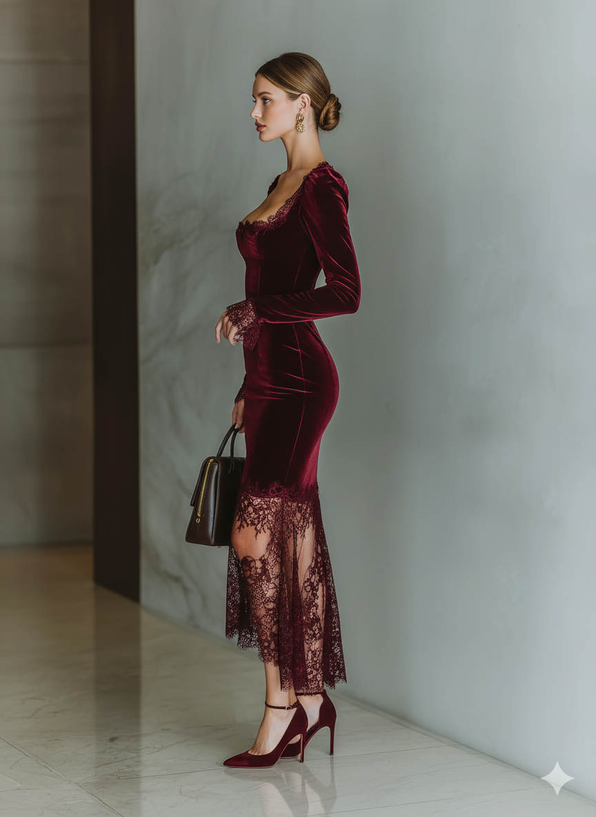 Burgundy velvet maxi dress from My Store featuring a flowing evening dress design with elegant long sleeves and a fitted waist.
