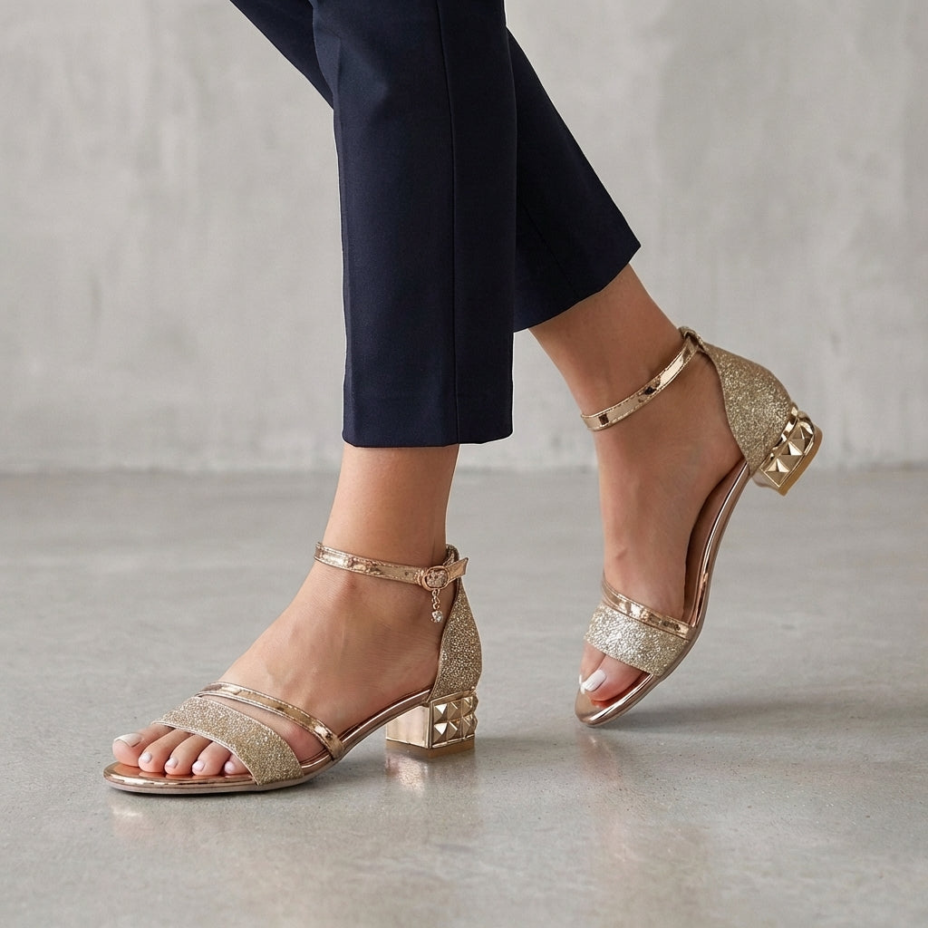 Gold metallic block-heel ankle-strap sandals for women by Tammy Bradley, showcasing stylish design and comfortable fit.