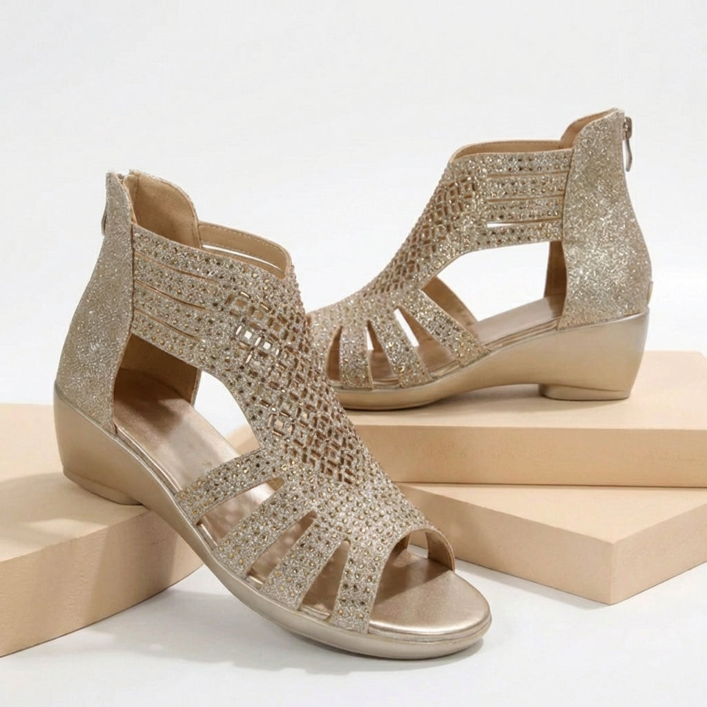 Gold women's orthopedic heeled wedge sandals with cut-out design, stylish and supportive for comfortable wear.